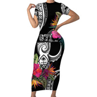 Hafa Adai Guam Short Sleeve Bodycon Dress Polynesian Tattoo Tropical Flowers