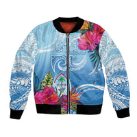 Hafa Adai Guam Bomber Jacket Tropical Flowers Blue Gradient
