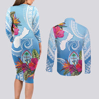 Hafa Adai Guam Couples Matching Long Sleeve Bodycon Dress and Long Sleeve Button Shirt Tropical Flowers Blue Gradient