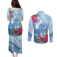 Hafa Adai Guam Couples Matching Puletasi and Long Sleeve Button Shirt Tropical Flowers Blue Gradient
