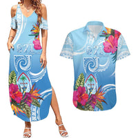 Hafa Adai Guam Couples Matching Summer Maxi Dress and Hawaiian Shirt Tropical Flowers Blue Gradient