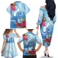 Hafa Adai Guam Family Matching Off The Shoulder Long Sleeve Dress and Hawaiian Shirt Tropical Flowers Blue Gradient