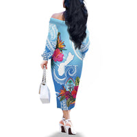 Hafa Adai Guam Family Matching Off The Shoulder Long Sleeve Dress and Hawaiian Shirt Tropical Flowers Blue Gradient