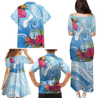 Hafa Adai Guam Family Matching Puletasi and Hawaiian Shirt Tropical Flowers Blue Gradient