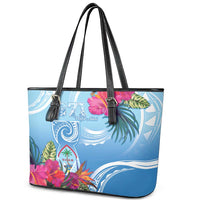 Hafa Adai Guam Leather Tote Bag Tropical Flowers Blue Gradient