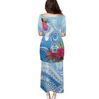 Hafa Adai Guam Puletasi Tropical Flowers Blue Gradient