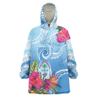 Hafa Adai Guam Wearable Blanket Hoodie Tropical Flowers Blue Gradient