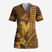 Personalised Hawaii Mililani High School Scrub Top Tribal Tattoo With Hibiscus Flowers LT05 Adult Brown - Polynesian Pride