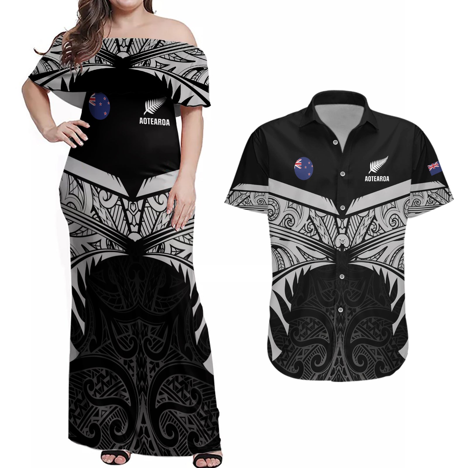 Custom New Zealand Cricket Couples Matching Off Shoulder Maxi Dress and Hawaiian Shirt Go Champions World Cup 2024 With Maori Pattern