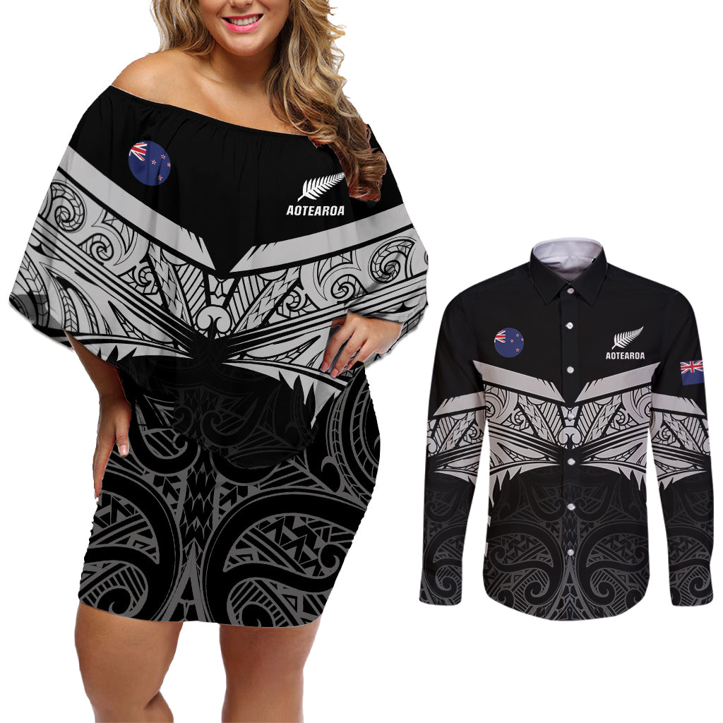 Custom New Zealand Cricket Couples Matching Off Shoulder Short Dress and Long Sleeve Button Shirt Go Champions World Cup 2024 With Maori Pattern