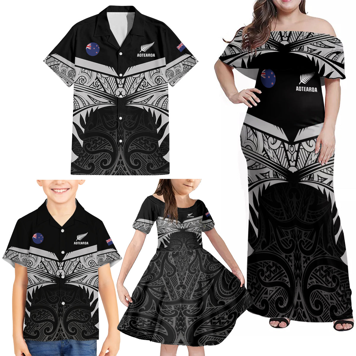 Custom New Zealand Cricket Family Matching Off Shoulder Maxi Dress and Hawaiian Shirt Go Champions World Cup 2024 With Maori Pattern