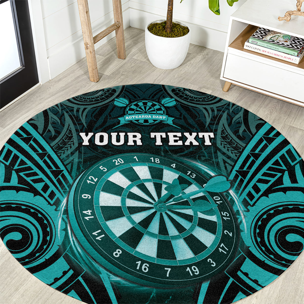 Personalised New Zealand Darts Round Carpet Turquoise Dart Board Maori Pattern