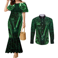 Personalised New Zealand Darts Couples Matching Mermaid Dress and Long Sleeve Button Shirt Green Dart Board Maori Pattern LT05 Green - Polynesian Pride