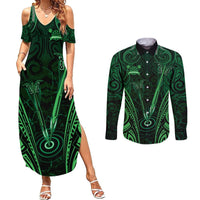 Personalised New Zealand Darts Couples Matching Summer Maxi Dress and Long Sleeve Button Shirt Green Dart Board Maori Pattern LT05 Green - Polynesian Pride