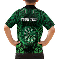 Personalised New Zealand Darts Family Matching Off The Shoulder Long Sleeve Dress and Hawaiian Shirt Green Dart Board Maori Pattern