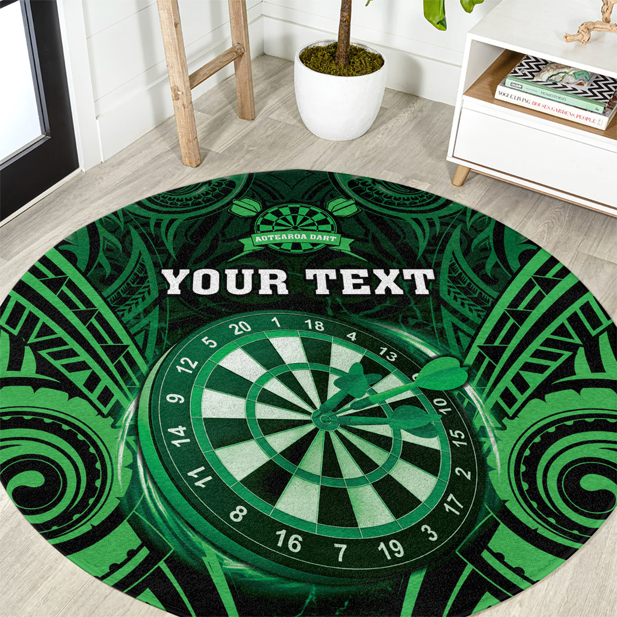 Personalised New Zealand Darts Round Carpet Green Dart Board Maori Pattern