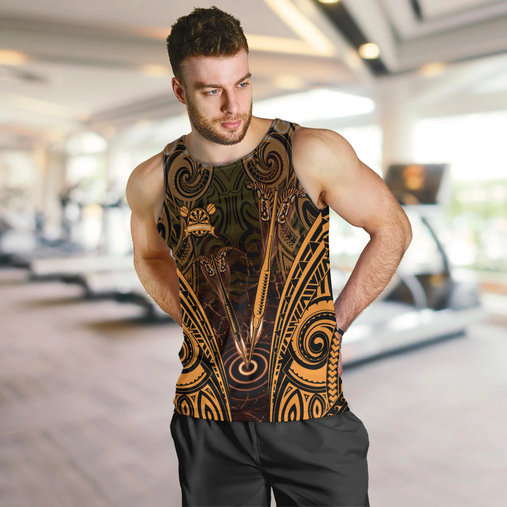 Personalised New Zealand Darts Men Tank Top Gold Dart Board Maori Pattern