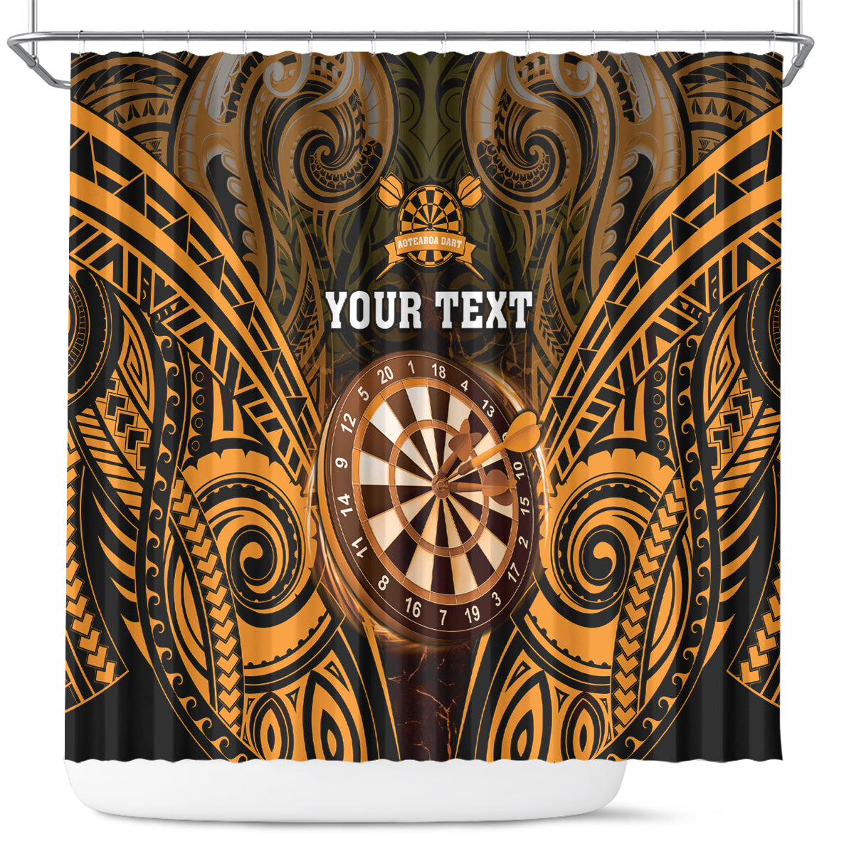 Personalised New Zealand Darts Shower Curtain Gold Dart Board Maori Pattern