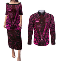 Personalised New Zealand Darts Couples Matching Puletasi and Long Sleeve Button Shirt Pink Dart Board Maori Pattern LT05 Pink - Polynesian Pride