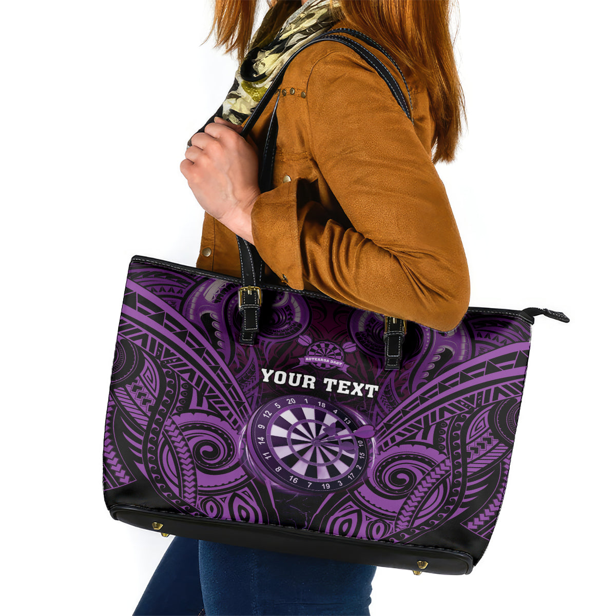 Personalised New Zealand Darts Leather Tote Bag Purple Dart Board Maori Pattern
