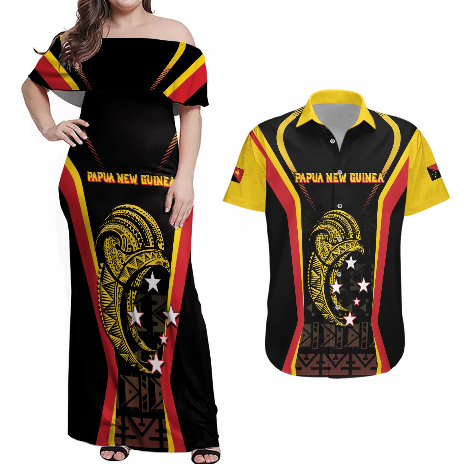 Custom Papua New Guinea Cricket Couples Matching Off Shoulder Maxi Dress and Hawaiian Shirt 2024 World Cup