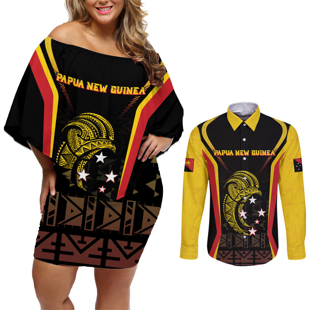 Custom Papua New Guinea Cricket Couples Matching Off Shoulder Short Dress and Long Sleeve Button Shirt 2024 World Cup