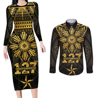 Personalised Philippines Independence Day Couples Matching Long Sleeve Bodycon Dress and Long Sleeve Button Shirt Filipinos Sun Star Tribal