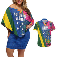 Solomon Islands Independence Day Couples Matching Off Shoulder Short Dress and Hawaiian Shirt Coat Of Arms With Tropical Flowers