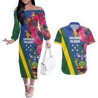 Solomon Islands Independence Day Couples Matching Off The Shoulder Long Sleeve Dress and Hawaiian Shirt Coat Of Arms With Tropical Flowers