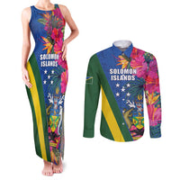 Solomon Islands Independence Day Couples Matching Tank Maxi Dress and Long Sleeve Button Shirt Coat Of Arms With Tropical Flowers