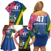 Solomon Islands Independence Day Family Matching Off Shoulder Short Dress and Hawaiian Shirt Coat Of Arms With Tropical Flowers