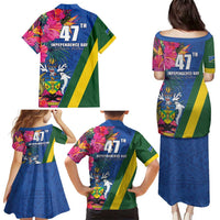 Solomon Islands Independence Day Family Matching Puletasi and Hawaiian Shirt Coat Of Arms With Tropical Flowers
