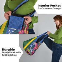 Solomon Islands Independence Day Grocery Bag Coat Of Arms With Tropical Flowers