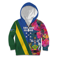 Solomon Islands Independence Day Kid Hoodie Coat Of Arms With Tropical Flowers