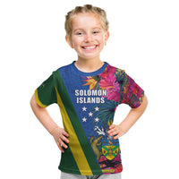 Solomon Islands Independence Day Kid T Shirt Coat Of Arms With Tropical Flowers