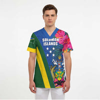 Solomon Islands Independence Day Scrub Top Coat Of Arms With Tropical Flowers - Polynesian Pride
