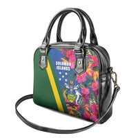 Solomon Islands Independence Day Shoulder Handbag Coat Of Arms With Tropical Flowers