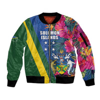 Solomon Islands Independence Day Sleeve Zip Bomber Jacket Coat Of Arms With Tropical Flowers LT05 Unisex Blue - Polynesian Pride