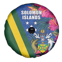 Solomon Islands Independence Day Spare Tire Cover Coat Of Arms With Tropical Flowers