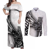 Solomon Islands Nguzunguzu Couples Matching Off Shoulder Maxi Dress and Long Sleeve Button Shirt Polynesian Tribal Pattern