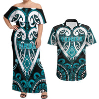 Custom Aotearoa Tapuika Couples Matching Off Shoulder Maxi Dress and Hawaiian Shirt Maori Tribal Pattern LT05 Teal - Polynesian Pride