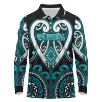 Custom Aotearoa Tapuika Long Sleeve Polo Shirt Maori Tribal Pattern LT05 Teal - Polynesian Pride