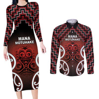 Personalised Aotearoa Mana Motuhake Couples Matching Long Sleeve Bodycon Dress and Long Sleeve Button Shirt Poutama With Maori Pattern - Polynesian Pride