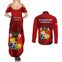 Tonga King Tupou I Day Couples Matching Summer Maxi Dress and Long Sleeve Button Shirts Tropical Flowers With Ngatu Pattern LT05 - Polynesian Pride