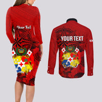 Personalized Tonga King Tupou I Day Couples Matching Long Sleeve Bodycon Dress and Long Sleeve Button Shirts Tropical Flowers With Ngatu Pattern LT05 - Polynesian Pride