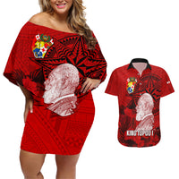 Personalized Tonga King Tupou I Day Couples Matching Off Shoulder Short Dress and Hawaiian Shirt Tropical Flowers With Ngatu Pattern LT05 Red - Polynesian Pride