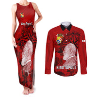 Personalized Tonga King Tupou I Day Couples Matching Tank Maxi Dress and Long Sleeve Button Shirts Tropical Flowers With Ngatu Pattern LT05 Red - Polynesian Pride