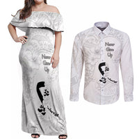 Lung Cancer Awareness Couples Matching Off Shoulder Maxi Dress and Long Sleeve Button Shirt Never Give Up Polynesian Style LT05 White - Polynesian Pride