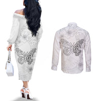 Lung Cancer Awareness Couples Matching Off The Shoulder Long Sleeve Dress and Long Sleeve Button Shirt Never Give Up Polynesian Style LT05 - Polynesian Pride