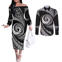 Personalised New Zealand Bungy Jumping Couples Matching Off The Shoulder Long Sleeve Dress and Long Sleeve Button Shirt Maori Pattern LT05 Black - Polynesian Pride